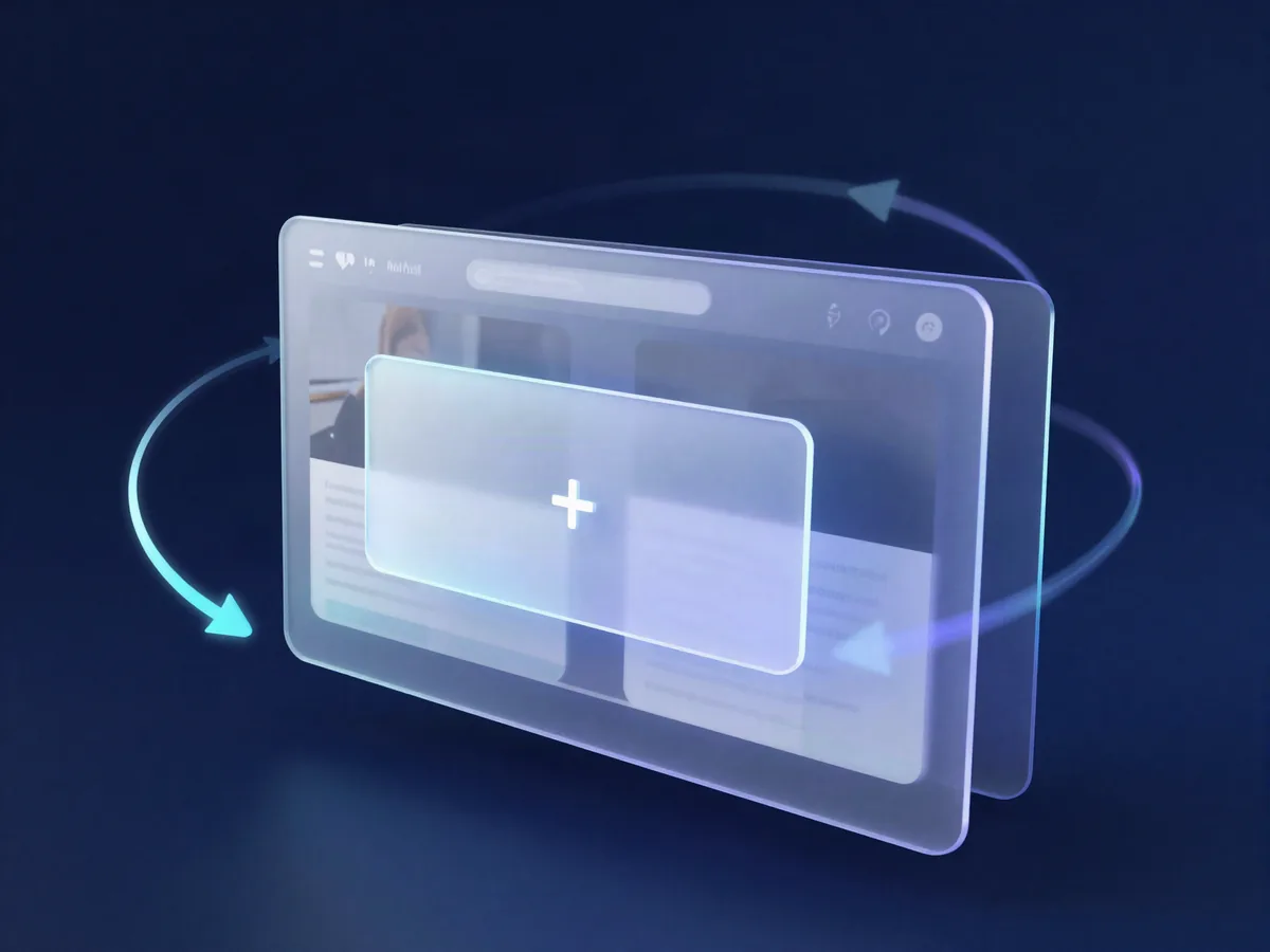 Una página web de cristal a la que entra una pieza nueva, rodeada por flechas de actualización