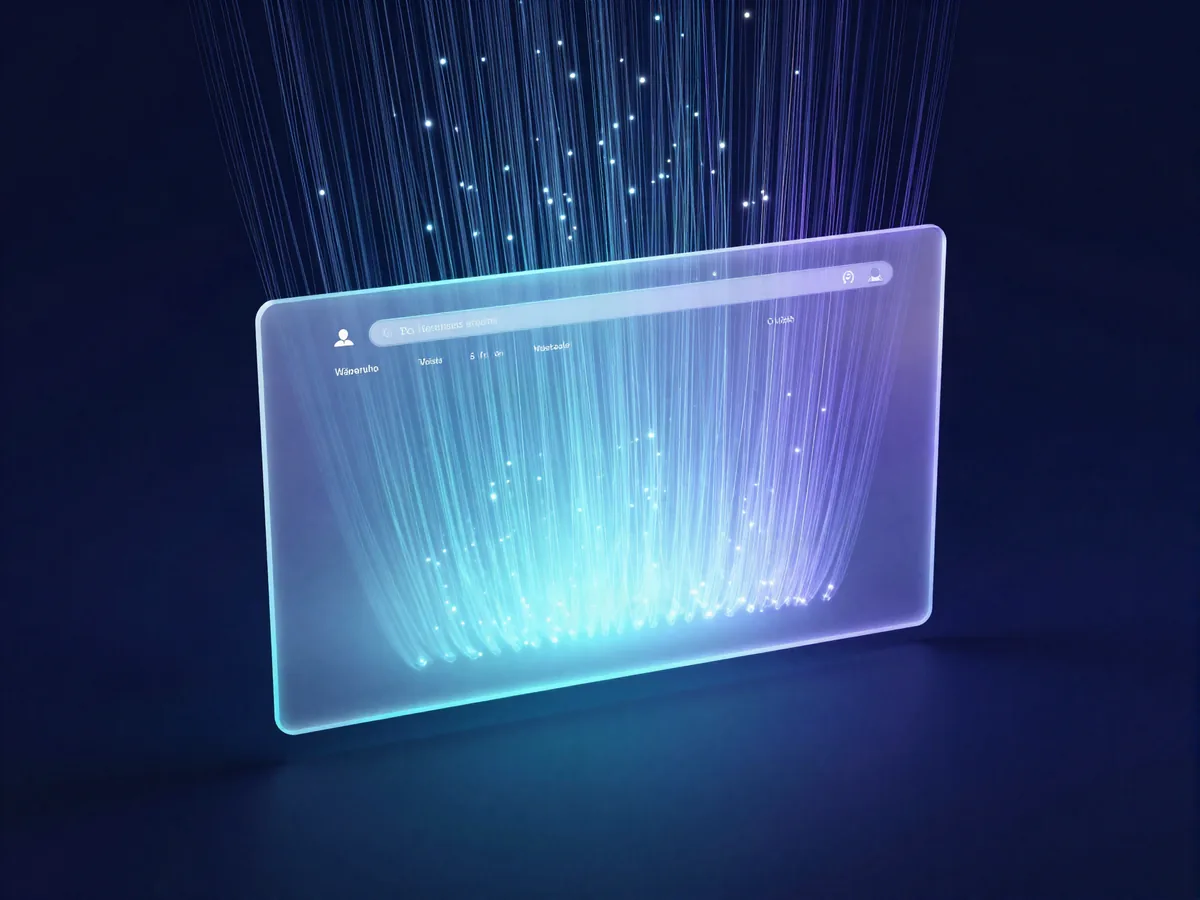 Hilos de luz que bajan y se reúnen en la pantalla de un sitio web, como visitas que llegan